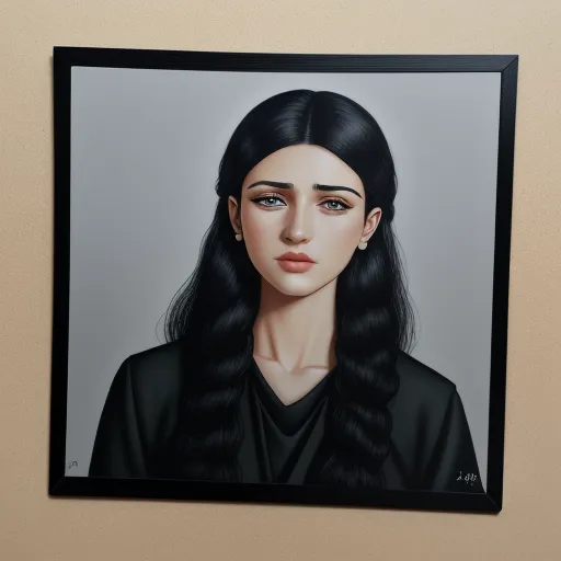 a painting of a woman with long black hair and a black shirt on a beige wall with a black frame, by Lois van Baarle