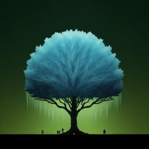 a tree with a blue trunk and a group of people under it with icicles hanging from it's branches, by Andy Kehoe