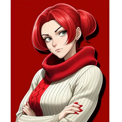 a woman with red hair and a scarf on her neck is standing with her arms crossed and her arms crossed, by theCHAMBA