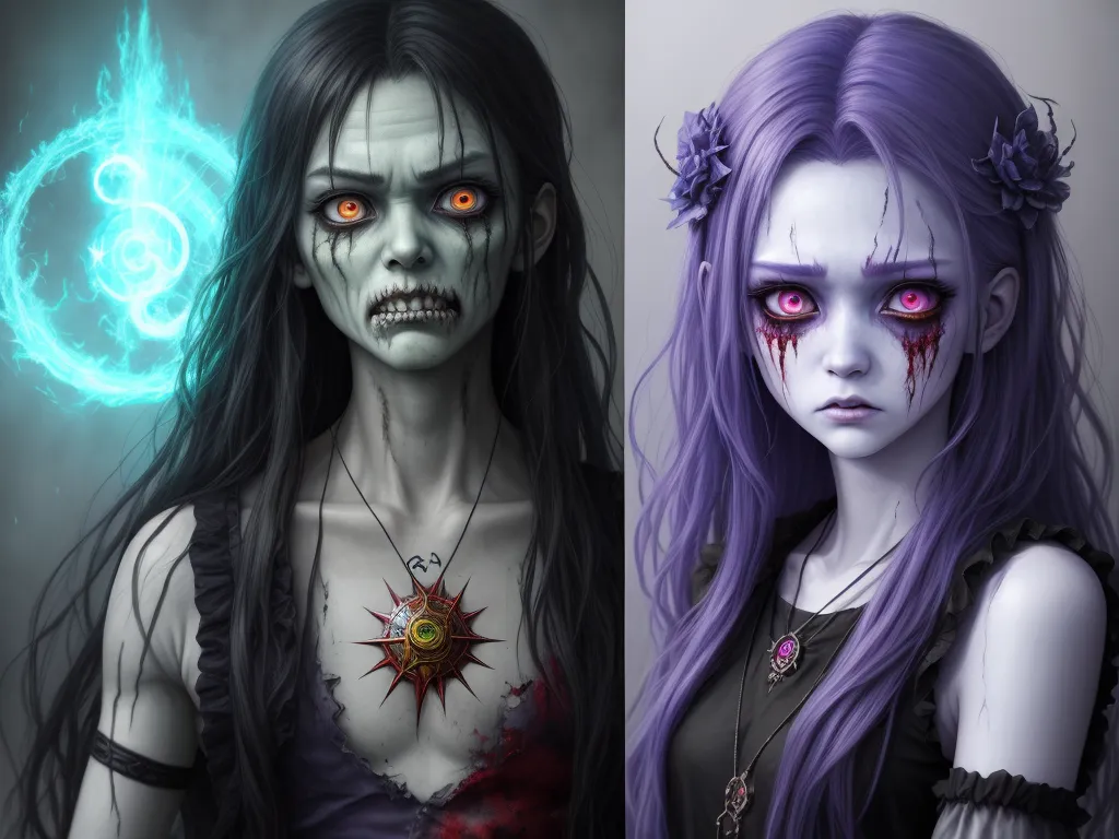 two pictures of a woman with purple hair and makeup and a demon with red eyes and a demon with blue hair, by Daniela Uhlig