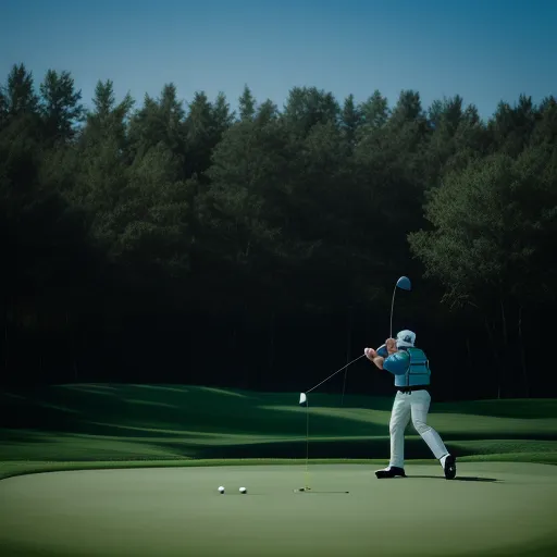 a man swinging a golf club on a golf course with trees in the background and a golf ball in the foreground, by Dan Smith