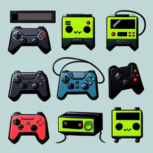 a set of video game controllers and controllers in different colors and shapes, with a blue background, and a green one with a red one with a black, by theCHAMBA