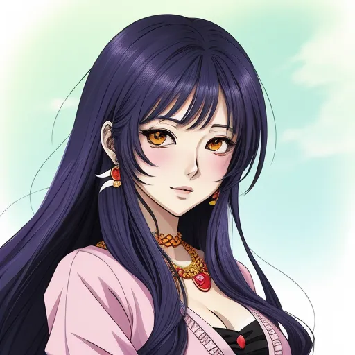 a woman with long purple hair and a necklace on her neck and chest, wearing a pink shirt and a pink top, by Hanabusa Itchō