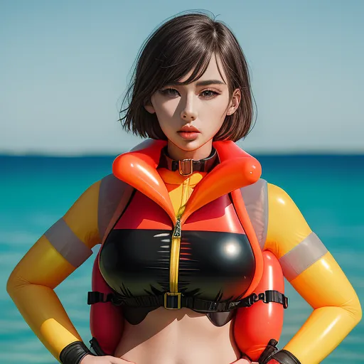 a woman in a bikini with a life jacket on standing in the water with her hands on her hips, by Terada Katsuya