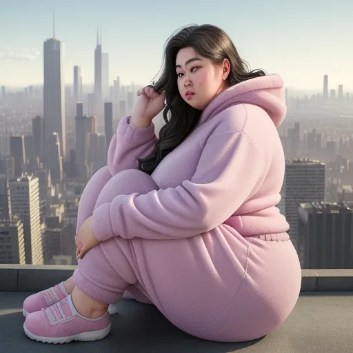 a woman in a pink outfit sitting on a ledge in front of a cityscape with a pink hoodie, by Naomi Okubo