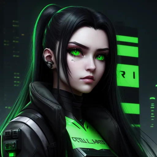 a woman with green eyes and a black jacket on in a city setting with neon lights and a neon green background, by Lois van Baarle