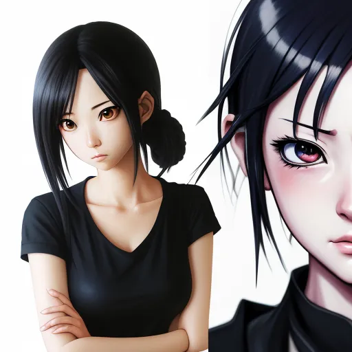 convert photo to high resolution - a woman with a ponytail and a black shirt with a black collar and black hair and a black shirt with a black collar and a black shirt with a black collar, by Hirohiko Araki