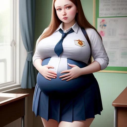 a pregnant woman in a school uniform is standing in front of a desk and a window with a blue tie, by Hayao Miyazaki