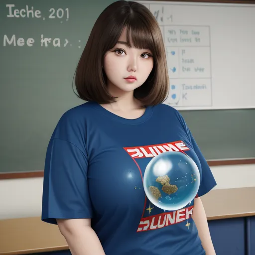 a woman in a blue shirt standing in front of a chalkboard with a globe on it's chest, by Terada Katsuya