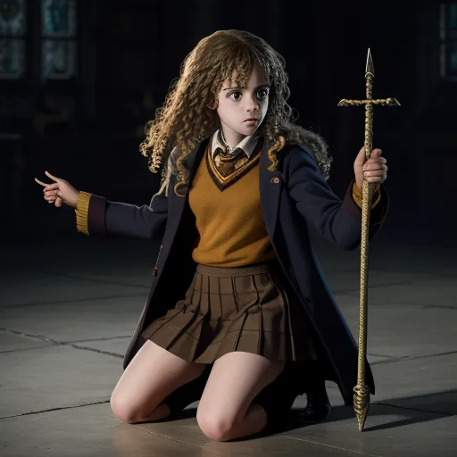 4k quality picture converter - a young girl dressed in a school uniform holding a sword and a cross on a floor in a dark room, by Terada Katsuya