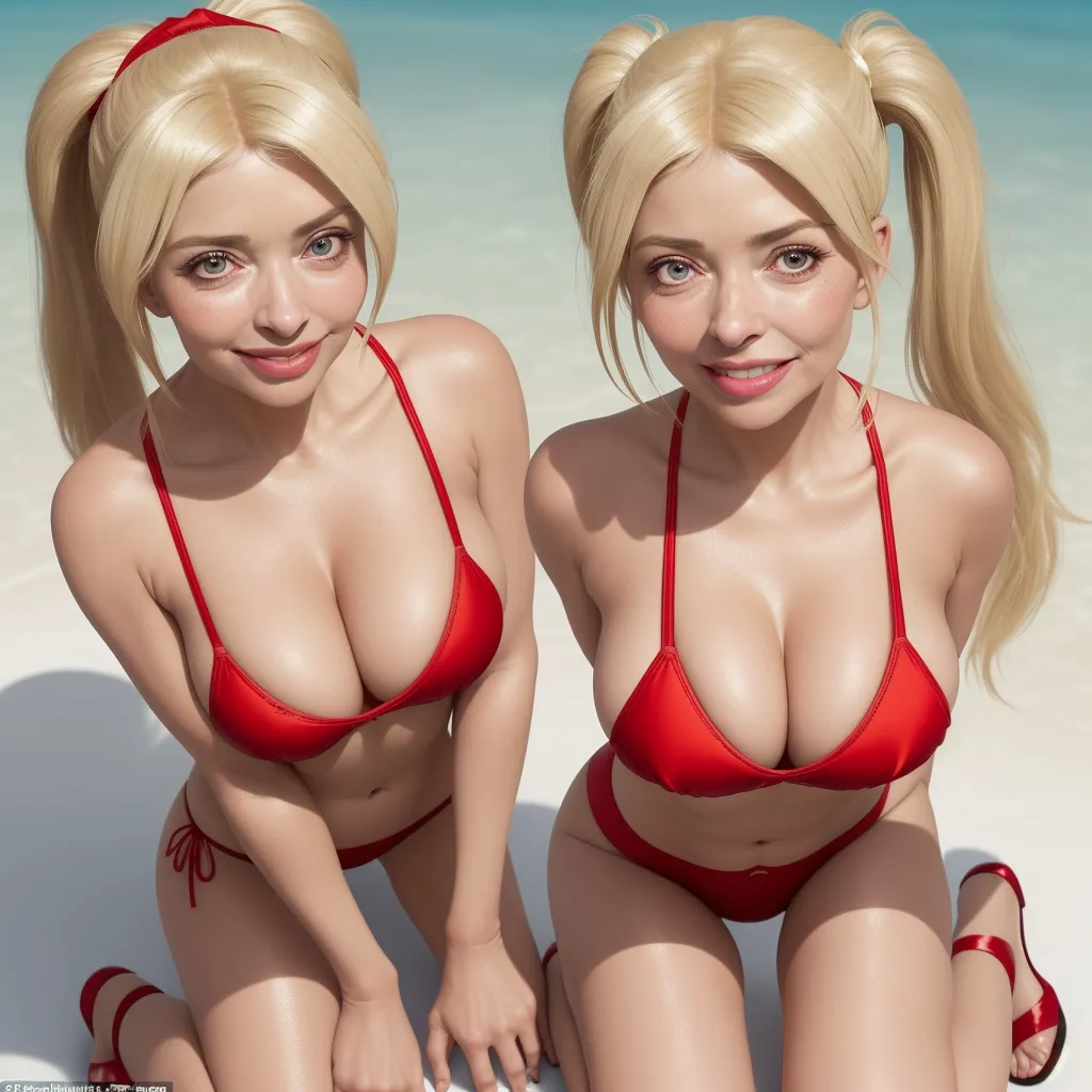 4k photo converter free - two cartoon women in bikinis sitting on a beach with a blue ocean in the background and a white sand beach, by Terada Katsuya