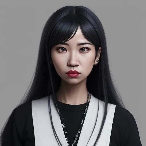 ai website that creates images - a woman with long black hair and a necklace on her neck and a black shirt on her shirt is wearing a black and white shirt, by Taiyō Matsumoto