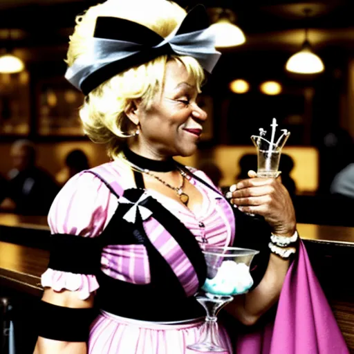 a woman in a pink dress holding a martini glass and a black and white bow tie on her head, by Cindy Sherman