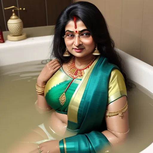 make image hd free - a woman in a bathtub with a green sari and gold jewelry on her neck and chest, posing for a picture, by Raja Ravi Varma