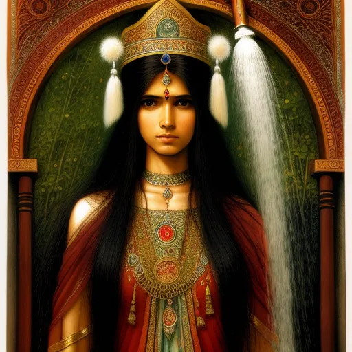a painting of a woman with long hair and a crown on her head, holding a water hose in her hand, by Raja Ravi Varma