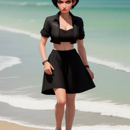 best ai photo enhancement software - a woman in a black dress walking on the beach with a black hat on her head and a black shirt on her shoulders, by Frédéric Bazille