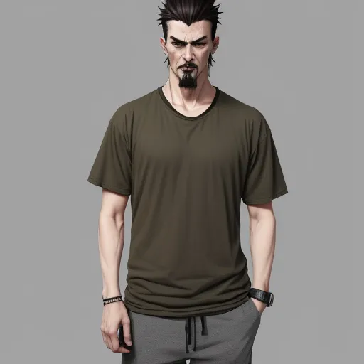 a man with a beard and a mustache wearing a green shirt and grey pants with a black wristband, by Lois van Baarle