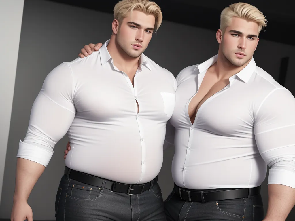 two men in white shirts posing for a picture together, both wearing black pants and white shirts, one with his arms around the other, by Botero
