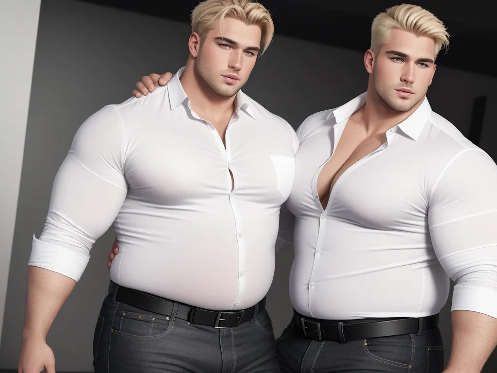 how to change image resolution - two men in white shirts posing for a picture together, both wearing black pants and white shirts, one with his arms around the other, by Botero