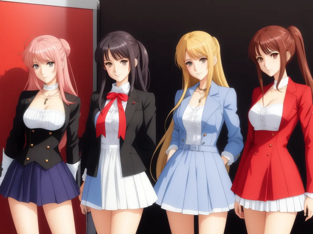 word to image generator ai - a group of anime girls standing next to each other in front of a red wall with a red door, by Toei Animations