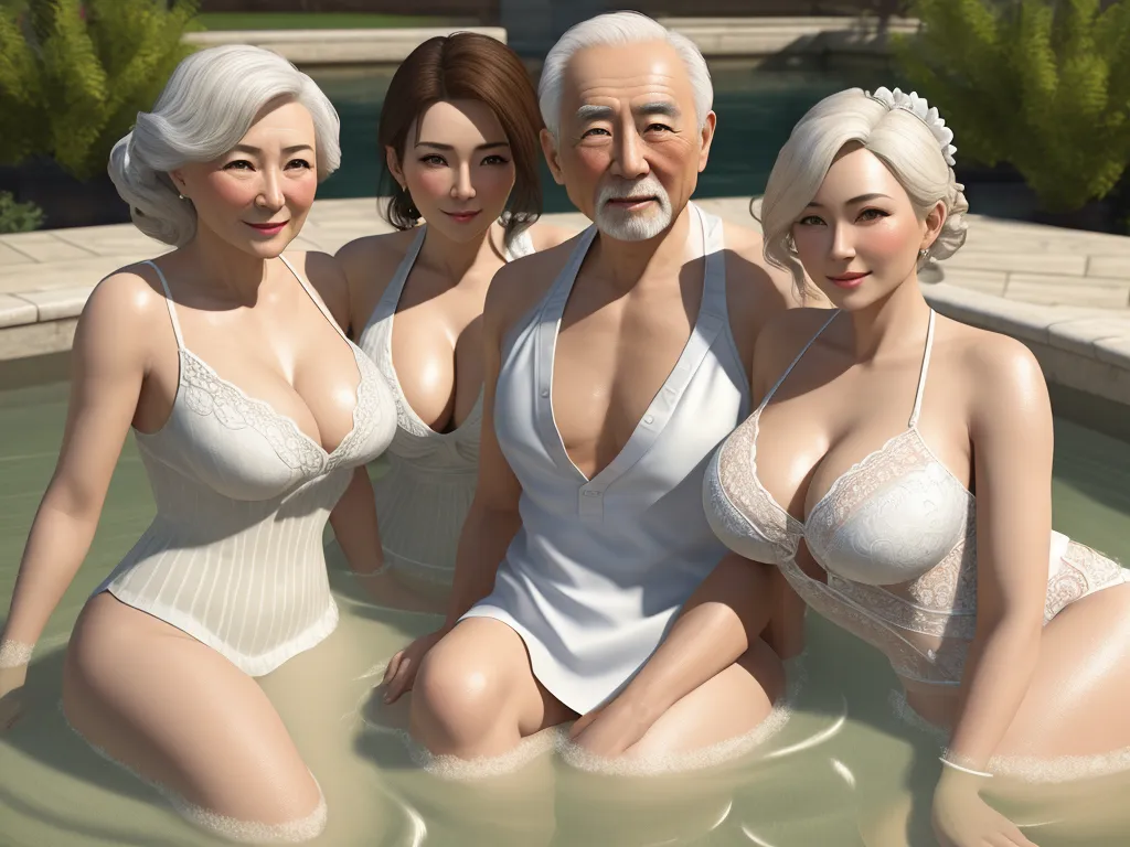 a group of three women in a pool with a man in the background and a man in the middle, by Hayao Miyazaki