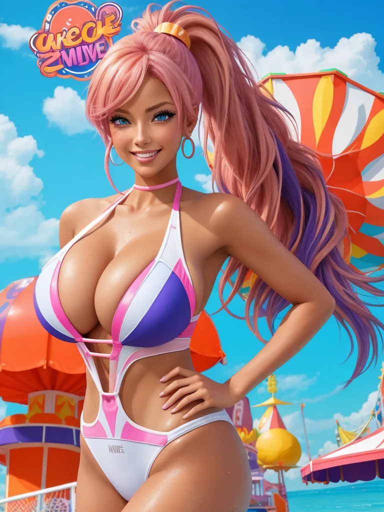 high resolution - a cartoon girl in a bikini posing for a picture on the beach with a colorful umbrella in the background, by Toei Animations