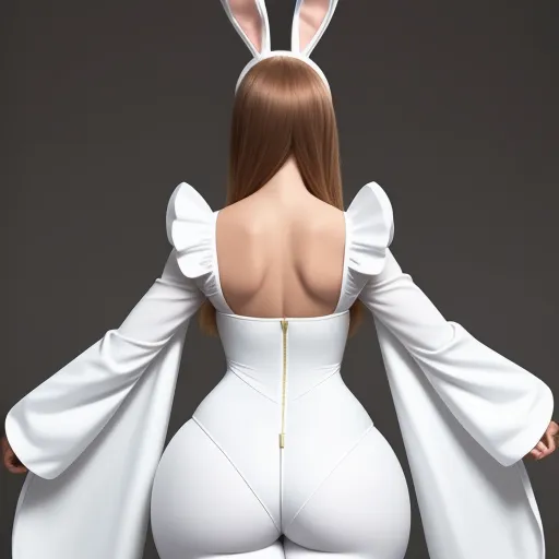 ai text to picture generator - a woman in a white bunny suit with her back to the camera and her arms outstretched, with a white bunny ears on her head, by Leiji Matsumoto