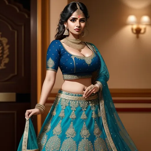 a woman in a blue and gold lehenga with a green shawl and a blue blouse and a gold necklace, by Hendrik van Steenwijk I