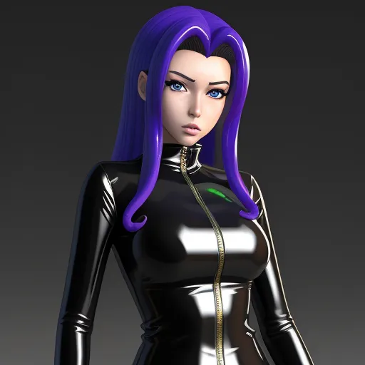 a woman with purple hair and a black suit with a zippered collar and a green leaf on her chest, by Hirohiko Araki
