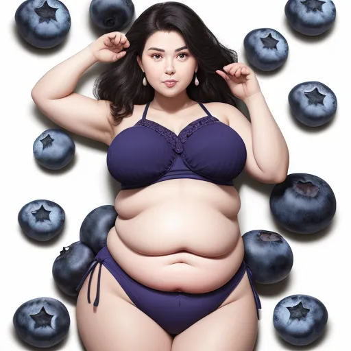 4k to 1080p photo converter - a woman in a purple bikini surrounded by blueberries and berries on a white background with a large belly, by Terada Katsuya