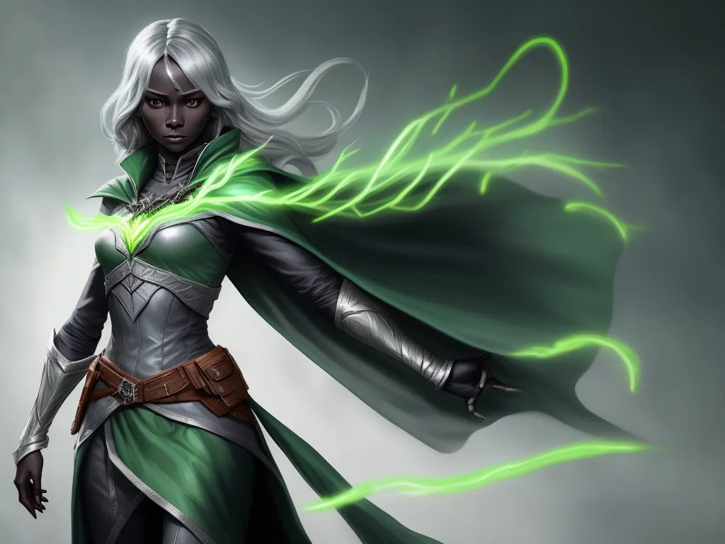 free ai photo - a woman dressed in a green and silver outfit with a green cape and a sword in her hand and a green light shining through her hair, by François Quesnel