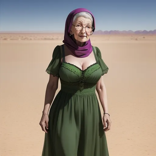 a woman in a green dress standing in the desert with a purple scarf around her neck and a purple scarf around her neck, by Aron Wiesenfeld