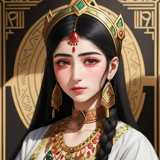 a woman with long black hair wearing a crown and a red necklace and earrings with a gold background and a golden circle, by Chen Daofu