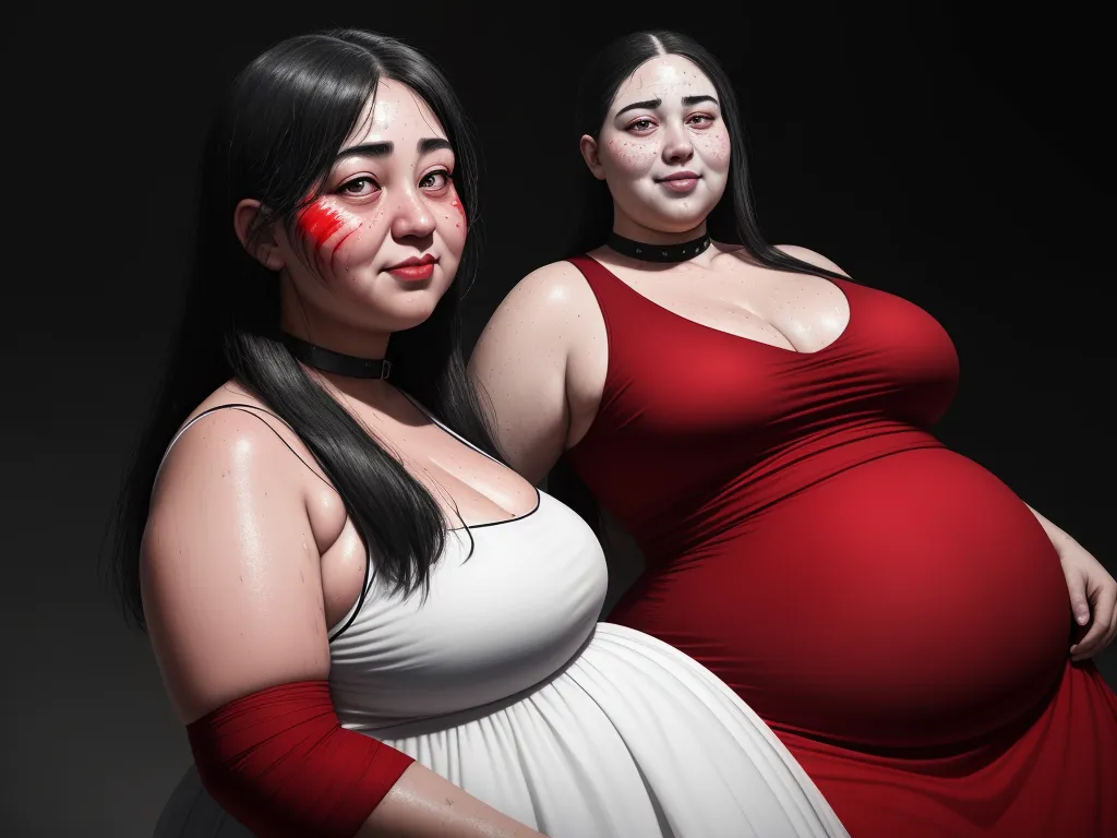 two women with red painted on their faces and their bodies are standing next to each other, one of them is pregnant, by Lois van Baarle