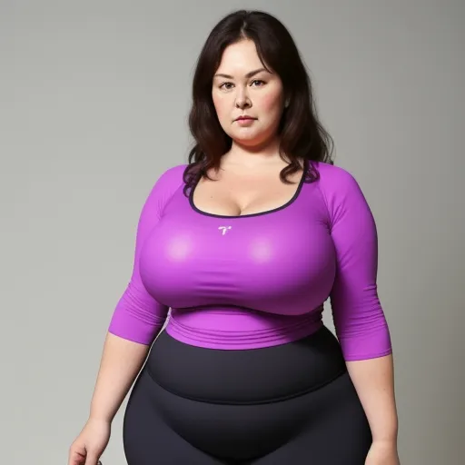free photo enhancer online - a woman in a purple top and black pants posing for a picture with her hands on her hips and her right hand on her hip, by Terada Katsuya