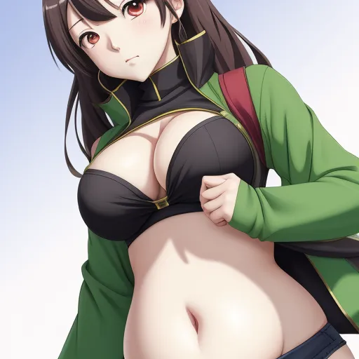 a woman in a green jacket and black panties with a green jacket on her shoulders and a green jacket on her shoulders, by Hanabusa Itchō