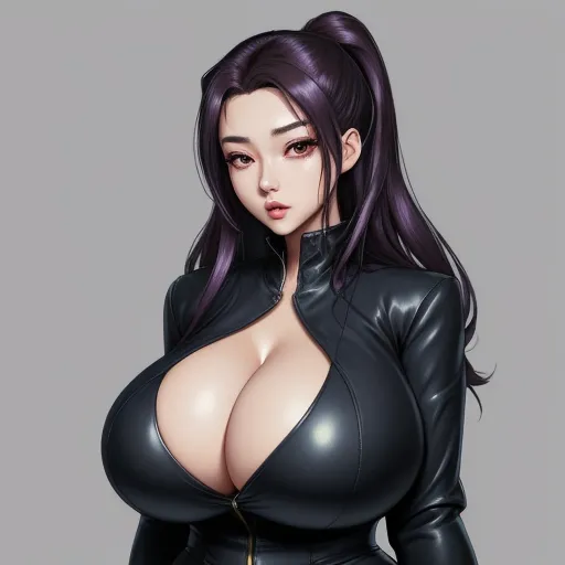 turn photo to 4k - a woman in a black leather outfit with big breast and nipples, posing for the camera, with her hands on her hips, by Terada Katsuya