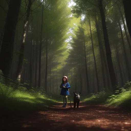 convert to 4k photo - a little girl standing next to a dog in a forest with tall trees on either side of her and a forest path, by Goro Fujita