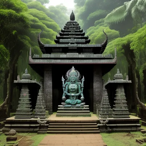 a statue of a buddha in a forest setting with steps leading to it and a path leading to it, by Hariton Pushwagner