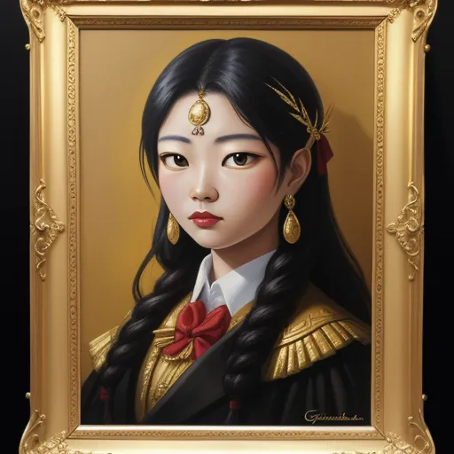 a painting of a woman in a gold frame with a red bow on her head and a black dress, by Chen Daofu