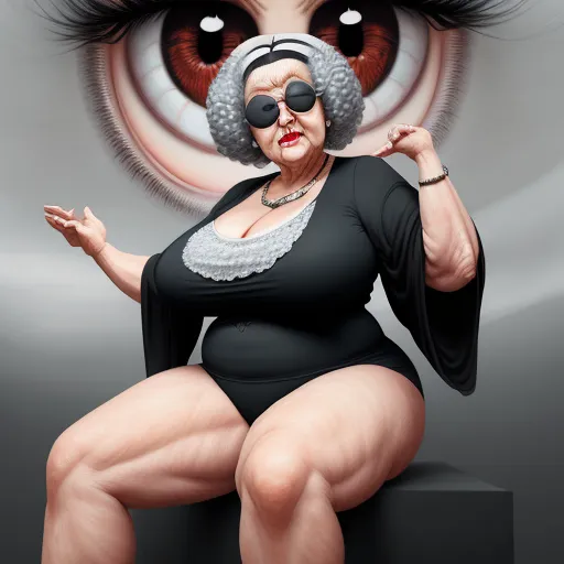 turn image into hd - a woman with a blindfold on her face sitting on a block of wood with a large eyeball in the background, by Fernando Botero