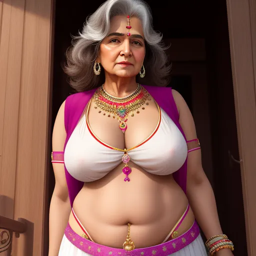 convert photo to high resolution - a woman in a white and pink outfit with a necklace and earrings on her chest and chest, standing in a doorway, by Botero