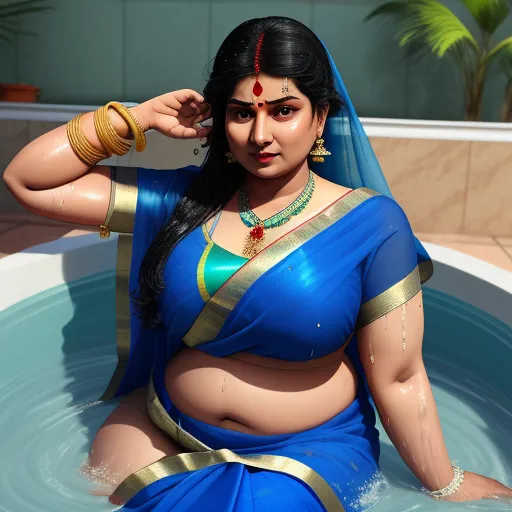 a woman in a blue sari sitting in a pool of water with a ring on her finger and a necklace on her head, by Raja Ravi Varma
