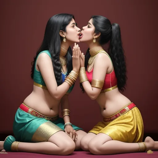 low quality images - two women in indian garb sitting on the ground kissing each other with their hands together and their mouths open, by Raja Ravi Varma