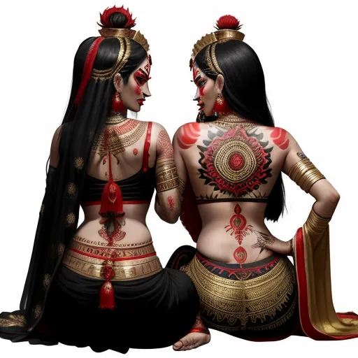 increasing resolution of image - two women in indian costumes sitting next to each other on a white background, both with tattoos on their bodies, by Raja Ravi Varma