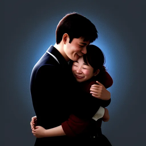 a couple of people that are hugging each other in the dark room with a blue background and a blue light behind them, by Pixar Concept Artists
