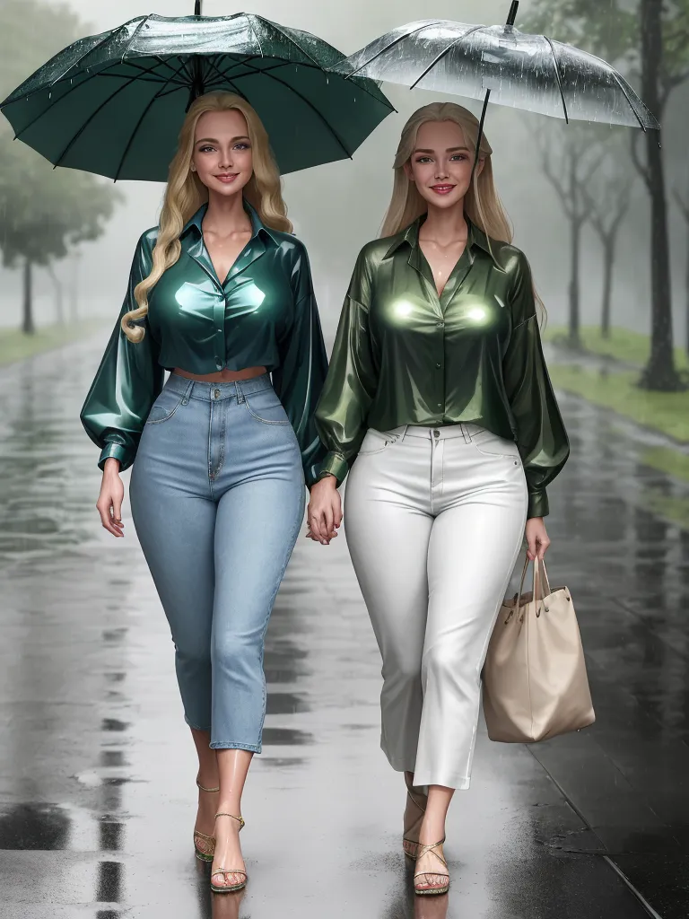 ai photo generator from text - two women walking down a rain soaked street holding umbrellas over their heads, both wearing high waist jeans, by Chen Daofu