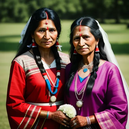 how to increase image resolution - two women in native indian clothing standing next to each other in a field of grass and trees in the background, by Kent Monkman