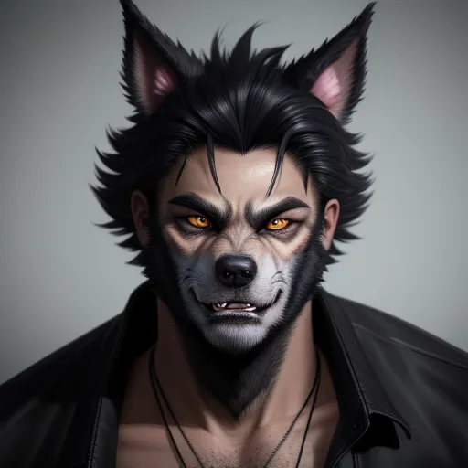 image from text ai - a man with a wolf face and a leather jacket on his shoulders and a necklace on his neck, with a wolf's head and yellow eyes, by Bakemono Zukushi