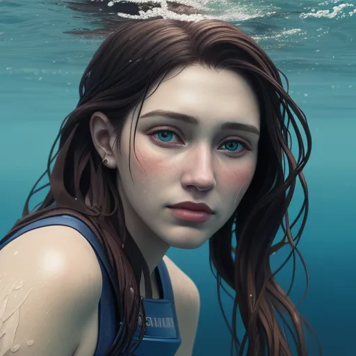 a digital painting of a woman swimming in the water with a dolphin in the background and a blue sky, by Lois van Baarle